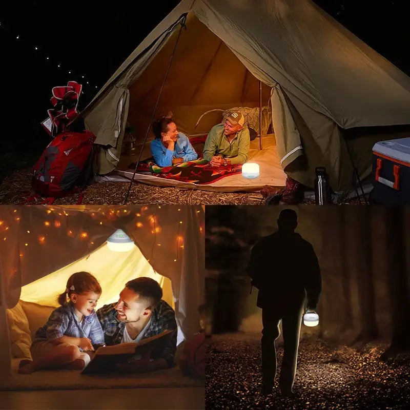 Portable LED camping lantern shown in various outdoor nighttime scenes.