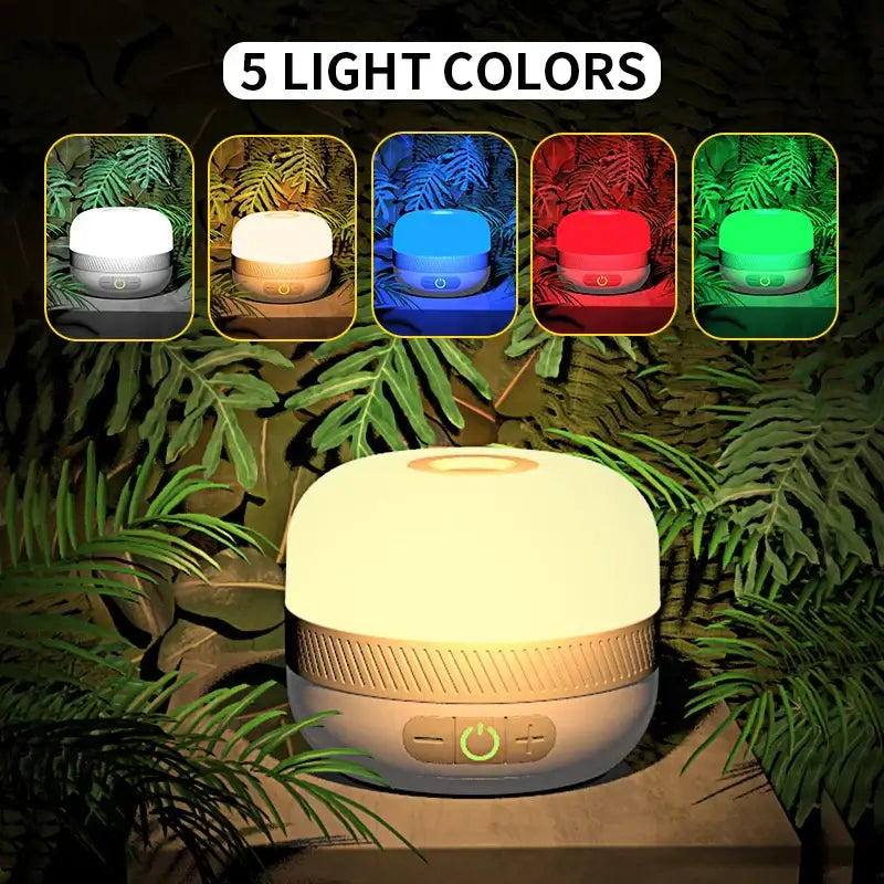 Portable LED lamp with multiple color options and a wood-grain base.