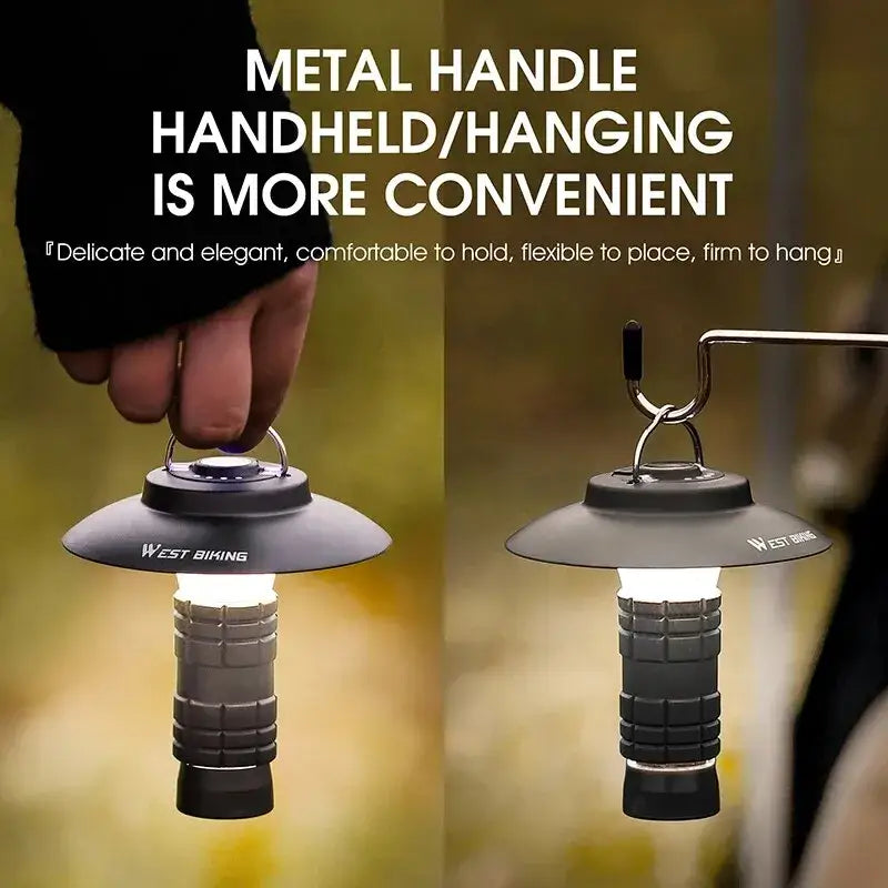 Portable LED camping lantern with a metal handle for handheld use or hanging.