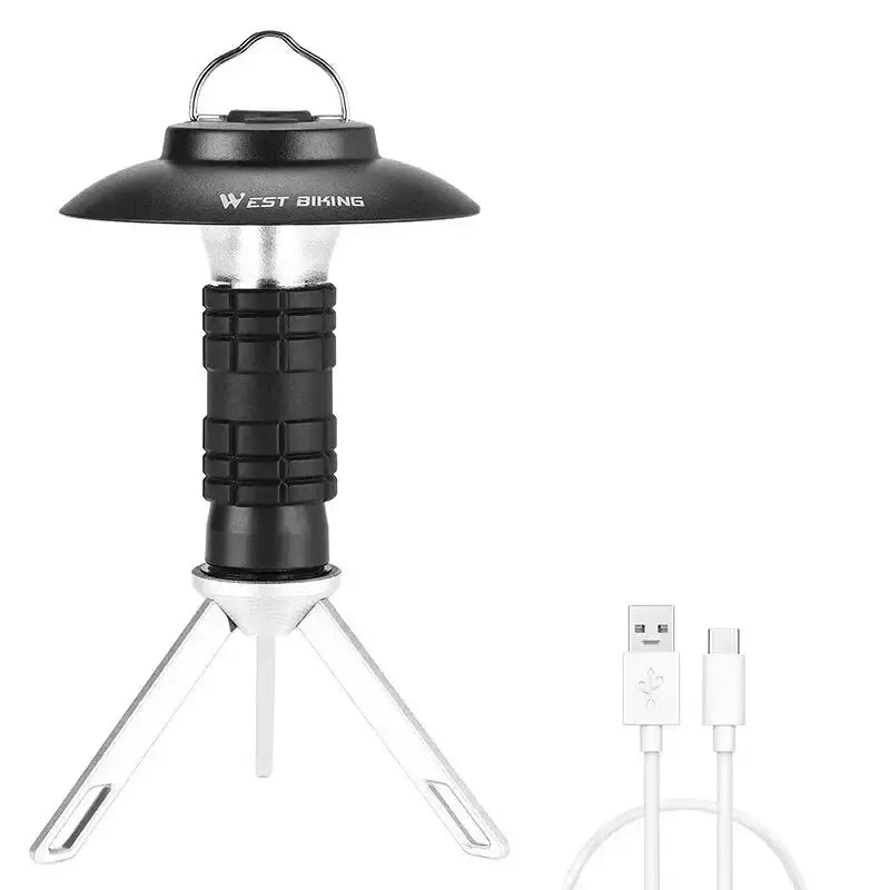 Portable LED camping lantern with a tripod base and USB charging cable.