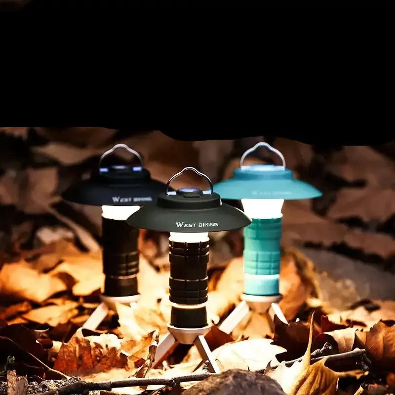 Portable LED camping lanterns in black, blue, and teal colors.