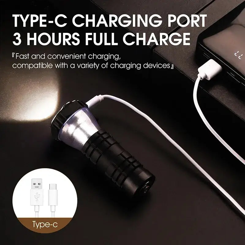 Rechargeable flashlight with a Type-C charging port.