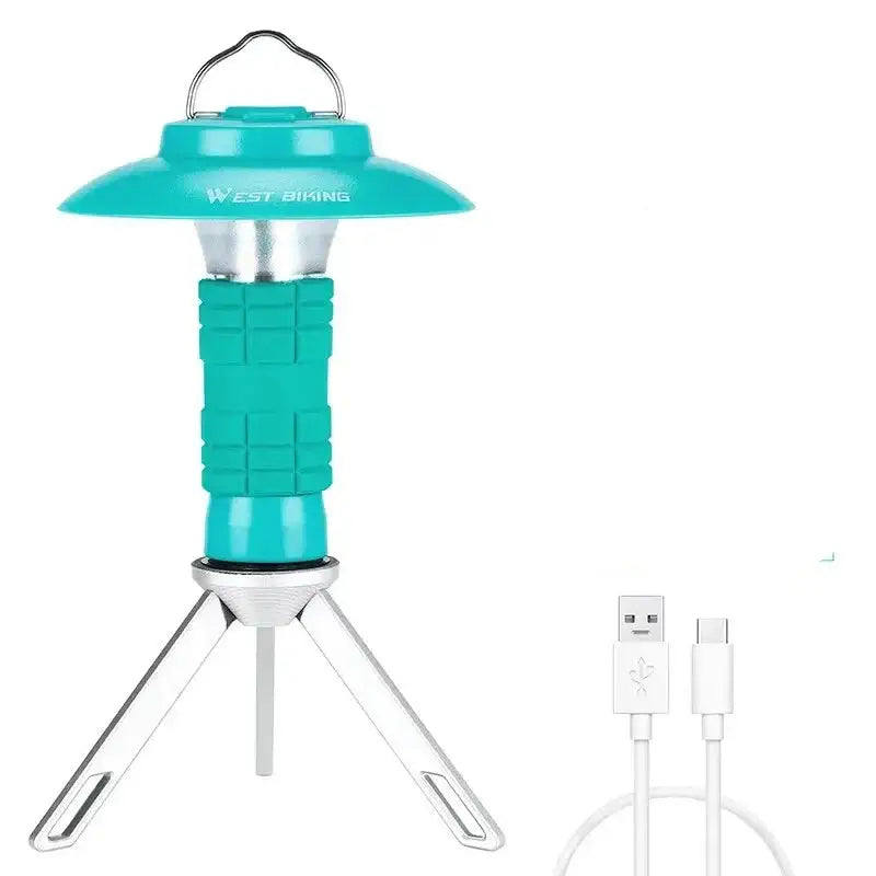 Teal-colored portable camping lantern with a tripod base and USB charging cable.