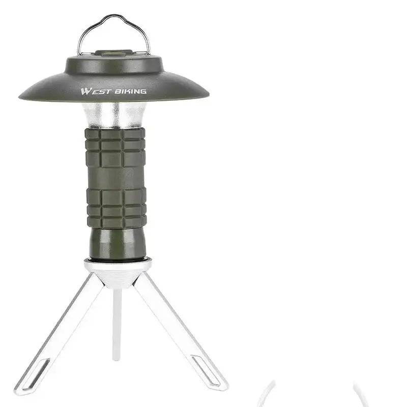 Portable camping lantern with a wide shade and tripod base.