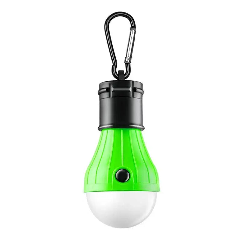 Portable LED camping light with a green body and carabiner clip.