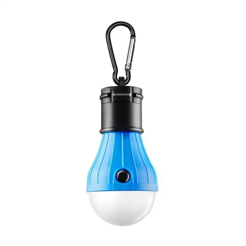 Portable LED camping light with a blue body and carabiner clip attachment.