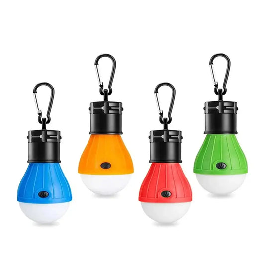 Colorful portable LED camping lanterns with carabiner clips.