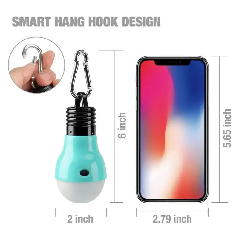 Turquoise light bulb-shaped device with a carabiner hook attachment.