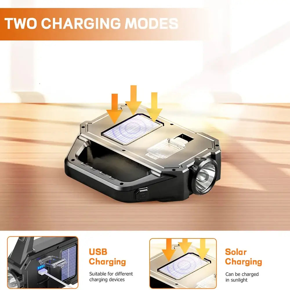 Portable electronic device with solar panel, USB charging port, and built-in flashlight.