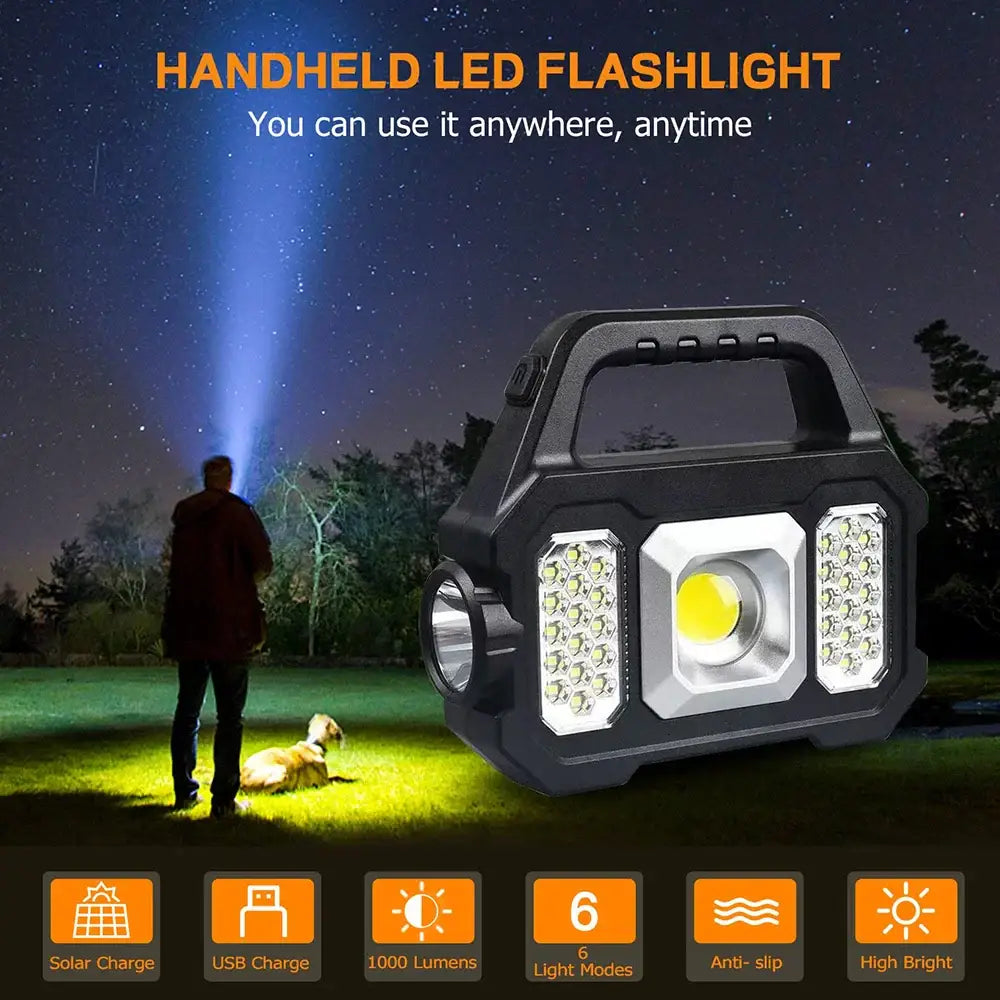 Handheld LED flashlight with multiple light panels and a carrying handle.