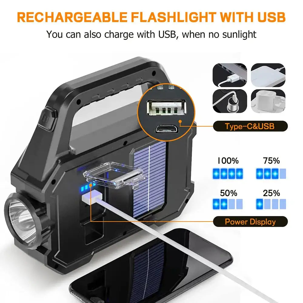 Rechargeable flashlight with solar panel and USB charging capability.