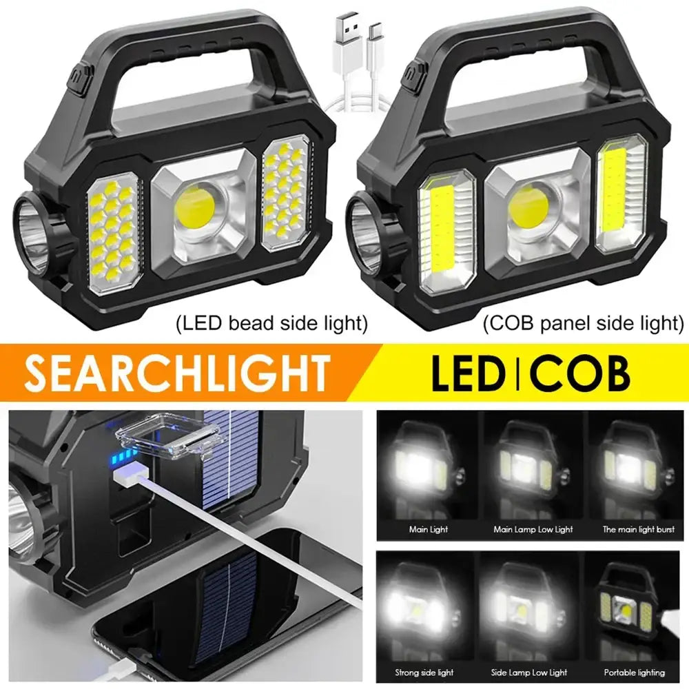 Portable LED searchlight with multiple lighting modes and a solar charging panel.