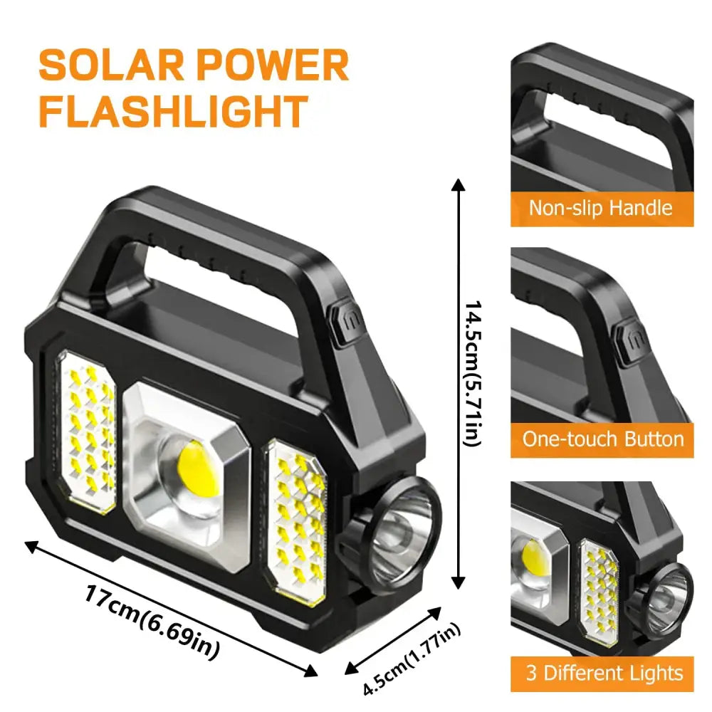 Solar-powered flashlight with multiple LED lights and a handle.