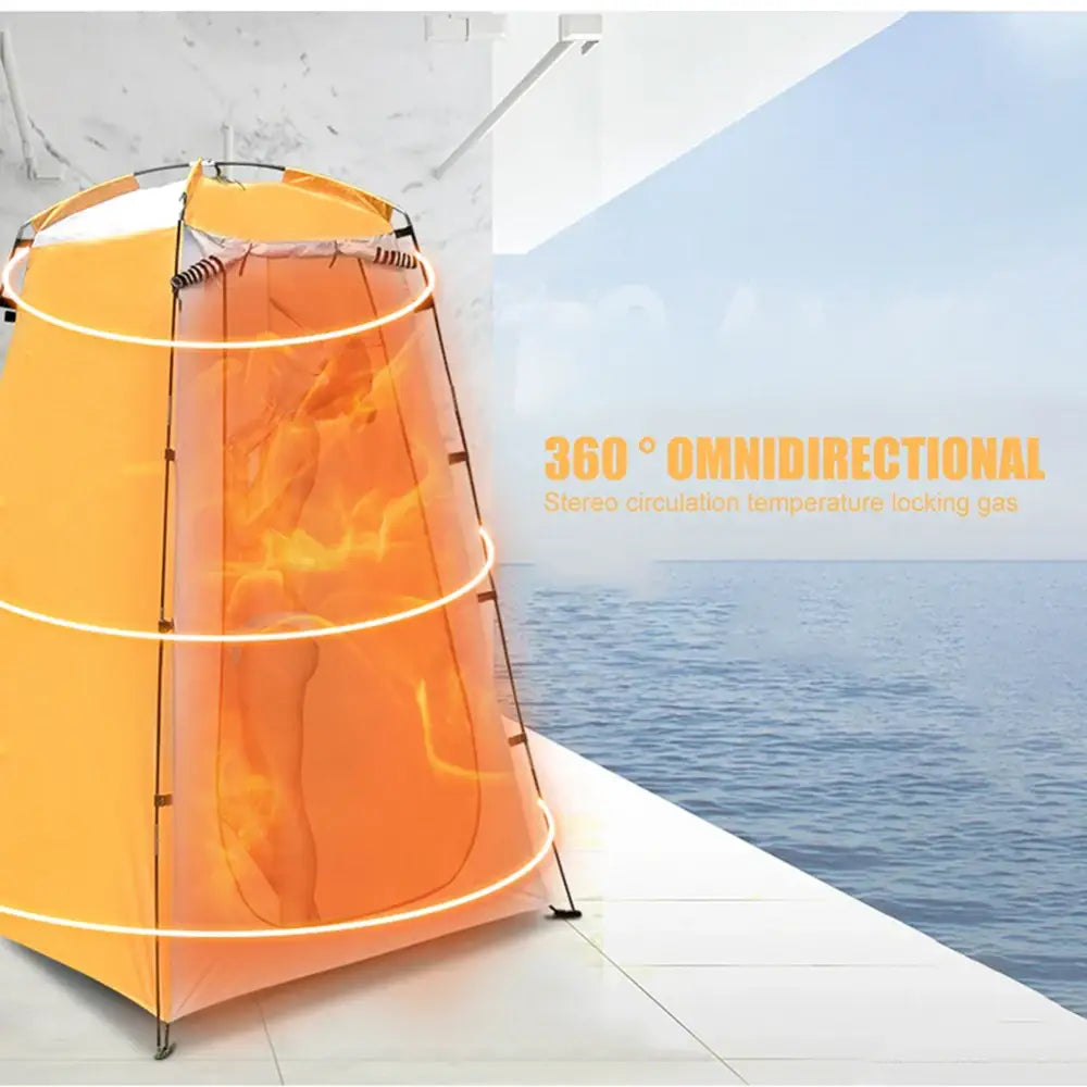 Bright orange conical tent or shelter with ’360° OMNIDIRECTIONAL’ text beside it.