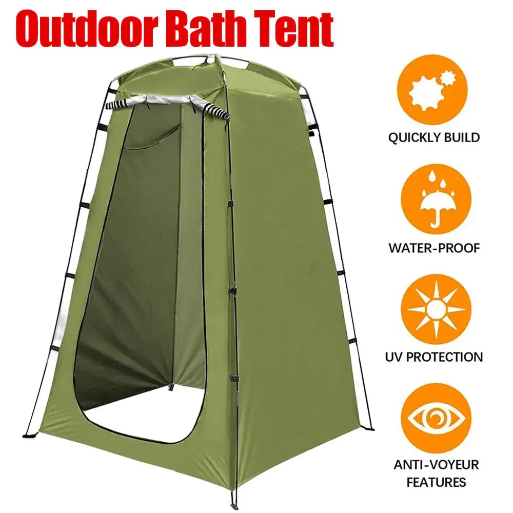 Olive green pop-up privacy tent for outdoor bathing or changing.