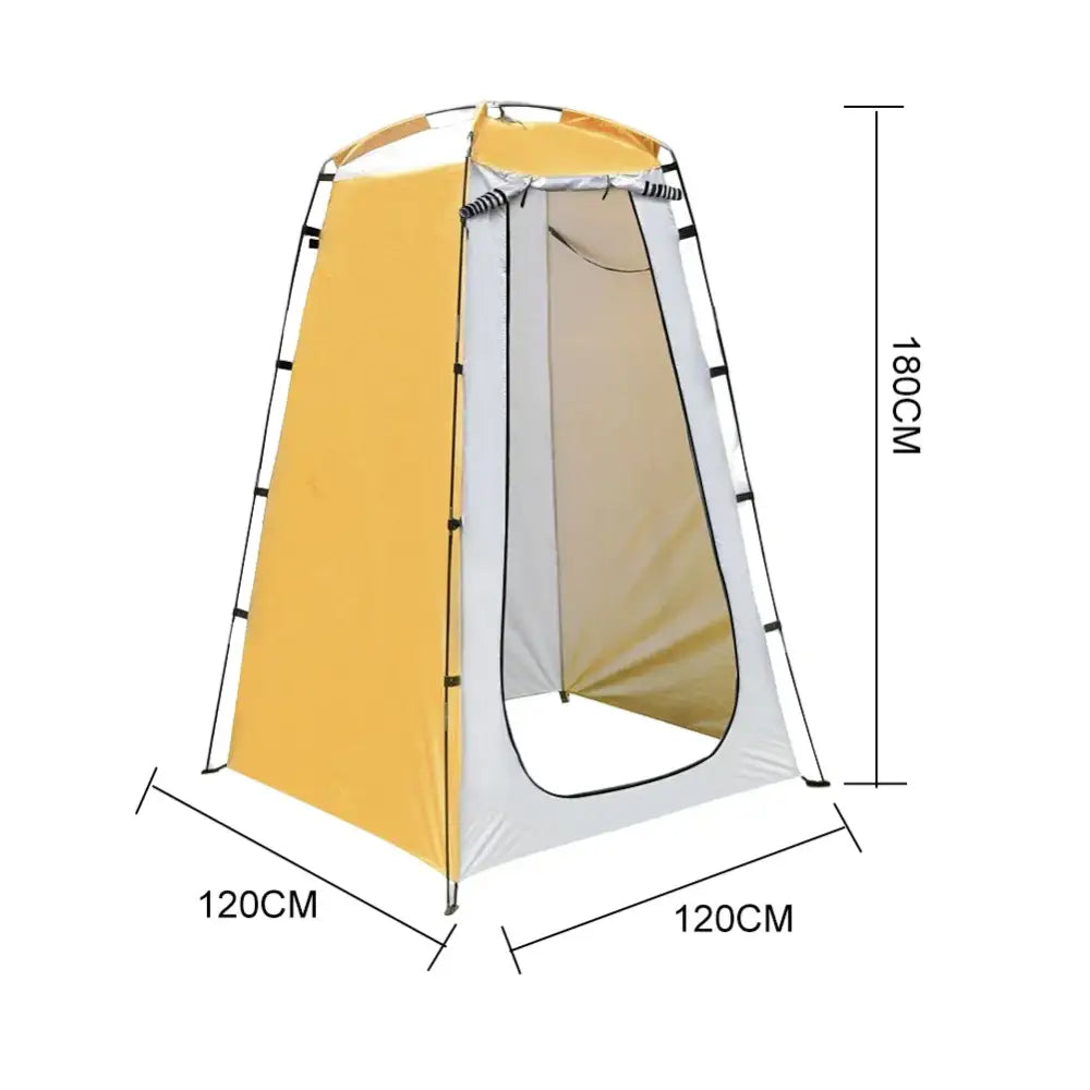 Portable privacy tent or changing room with yellow and white panels.