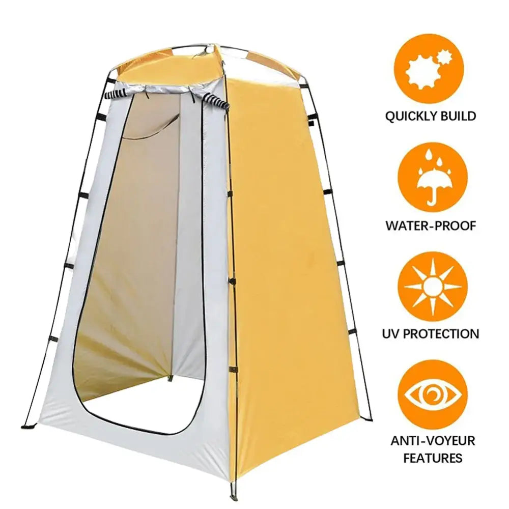 Portable privacy tent or changing shelter with yellow and white panels.