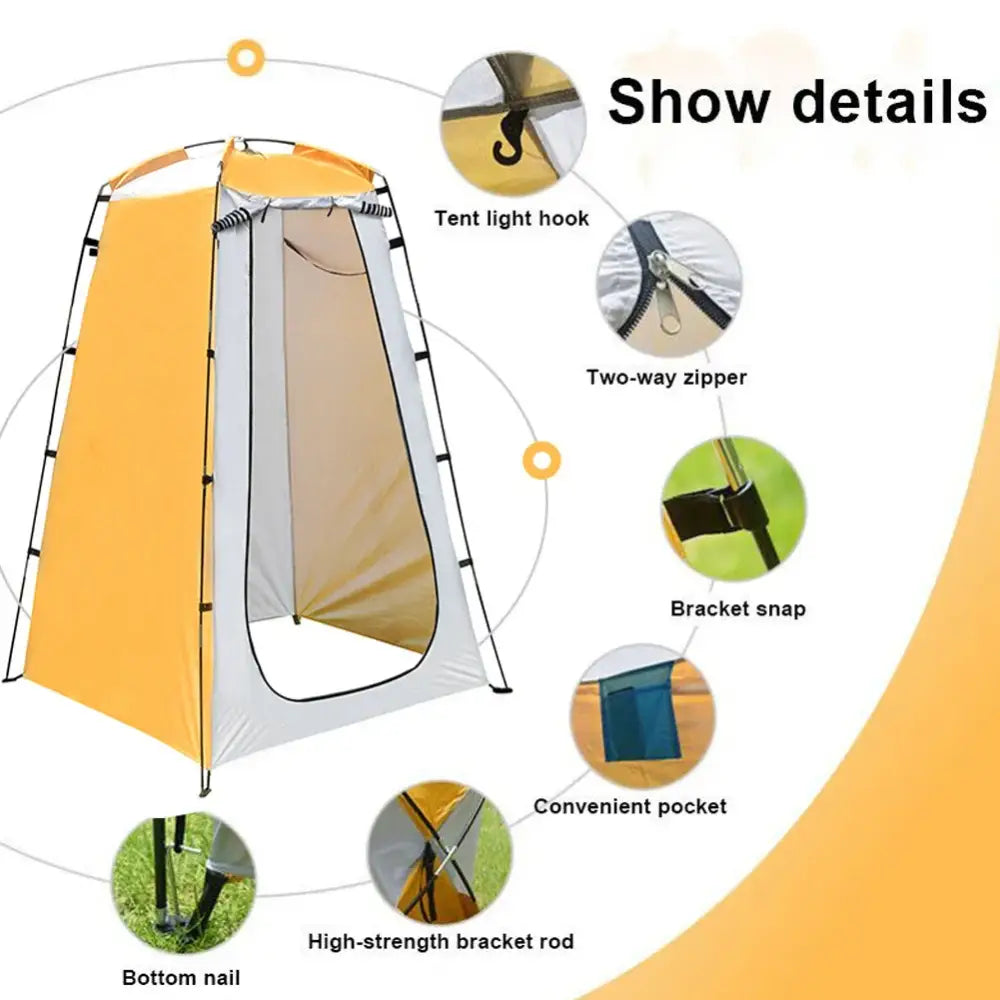 Portable privacy tent or changing shelter with labeled features.