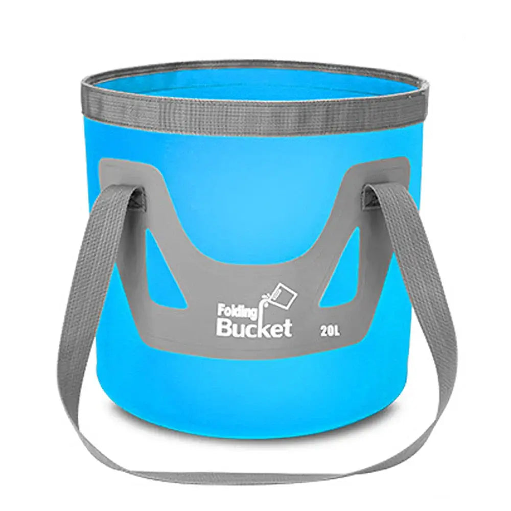 Bright blue collapsible bucket with gray handles and trim.