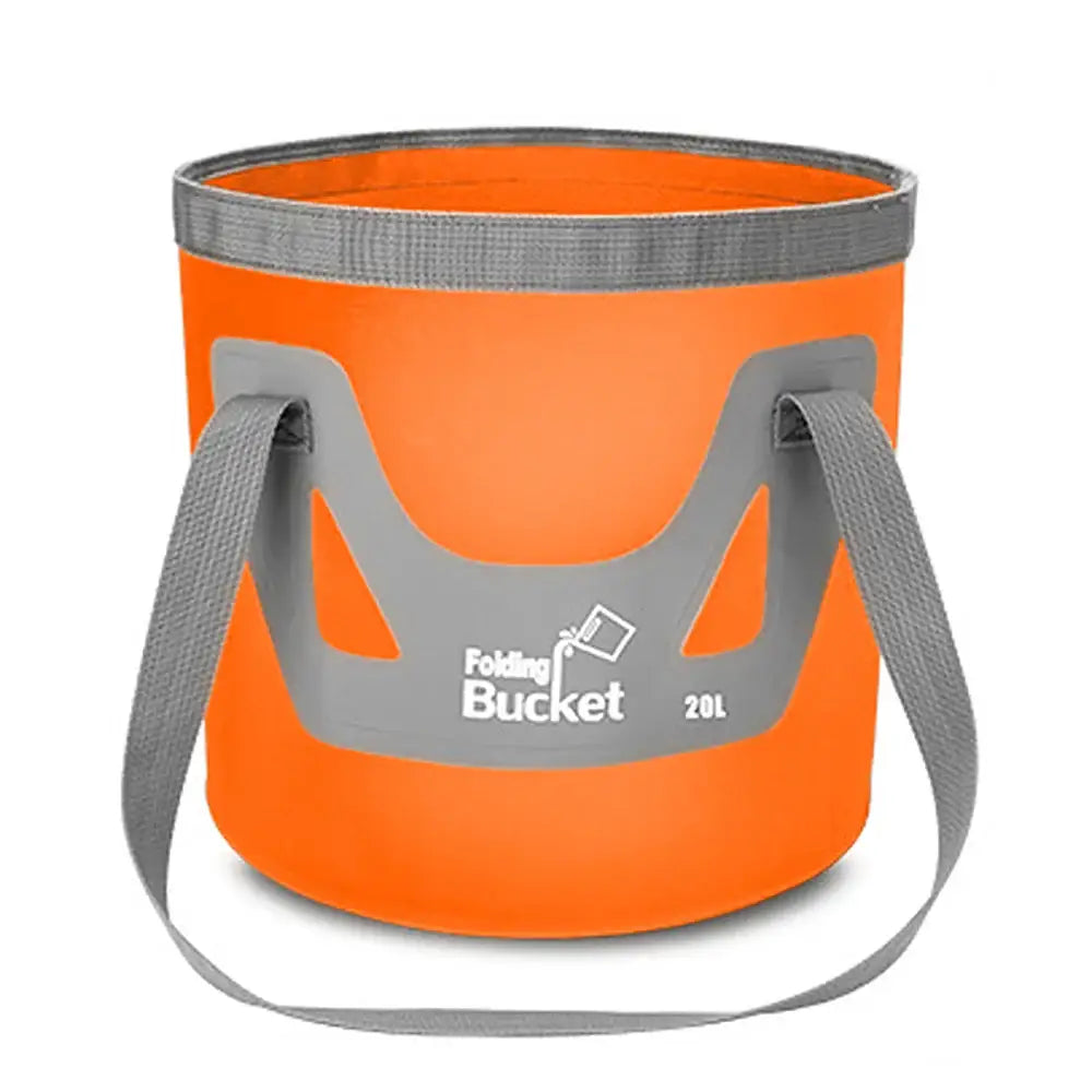 Bright orange collapsible bucket with gray handles and trim.