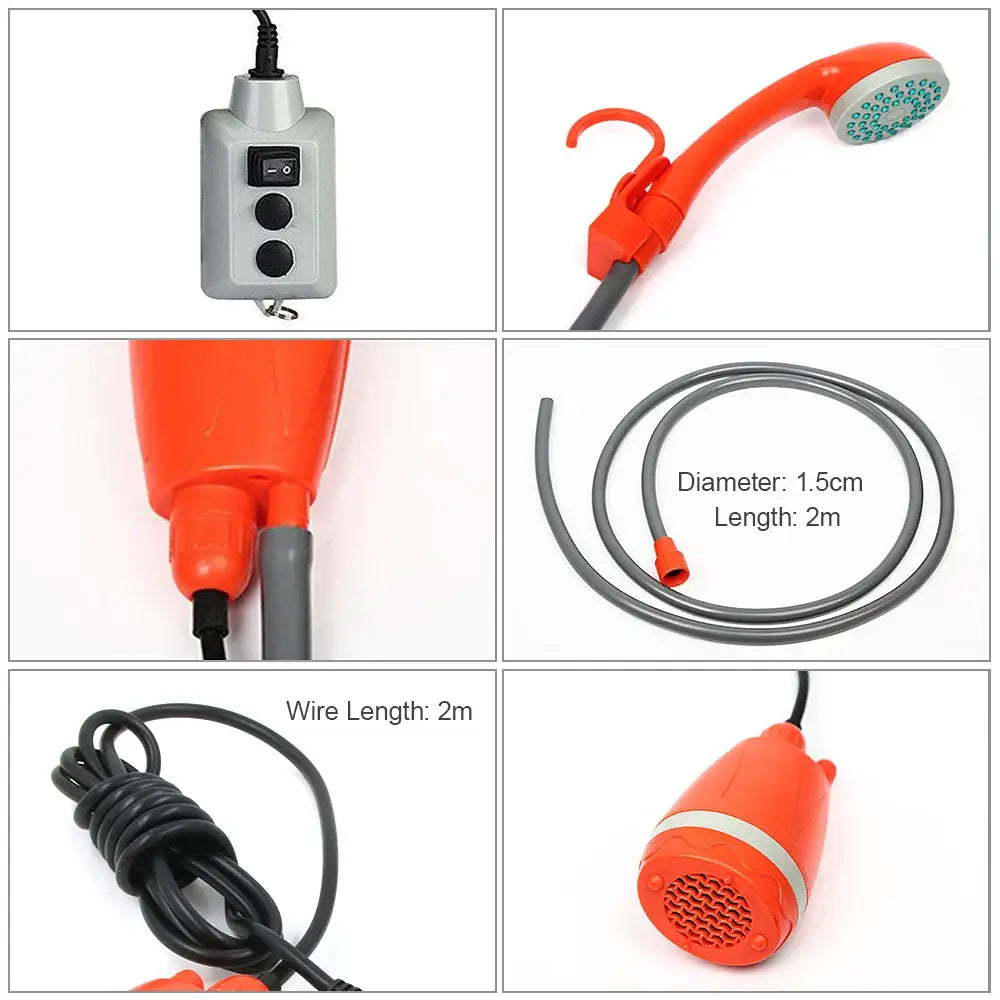 Portable electric camping shower with orange components and gray hose.