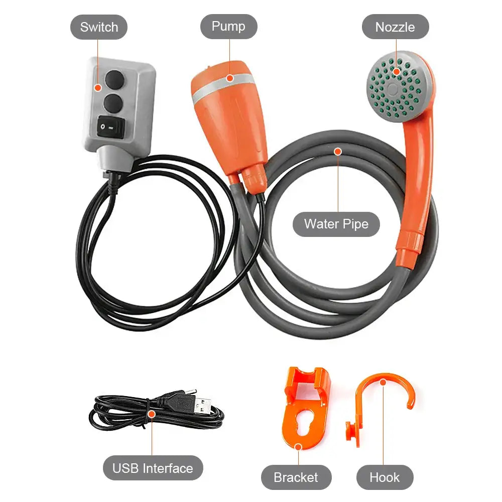 Portable electric shower system with pump, nozzle, switch, and accessories.