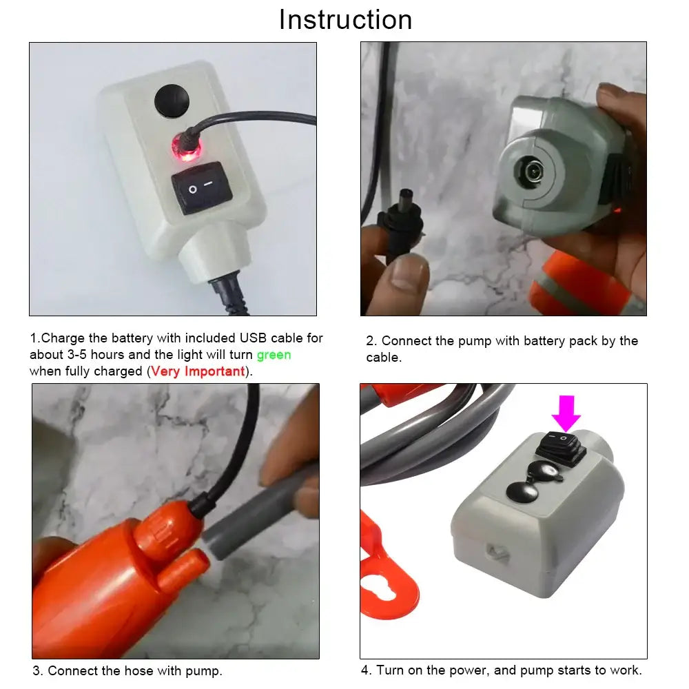 Portable electric pump with charging cable and hose attachments.