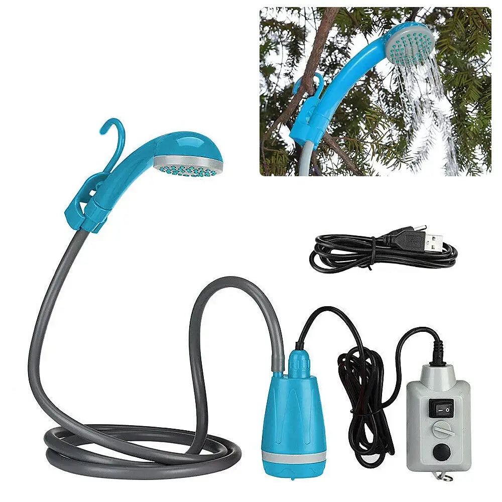 Portable outdoor shower with a flexible hose and showerhead in bright blue color.