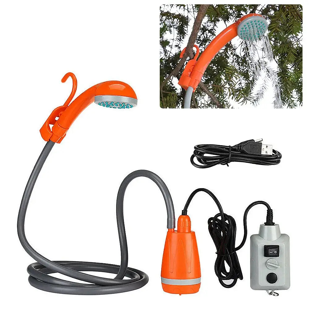 Portable outdoor shower with a flexible hose and orange showerhead.