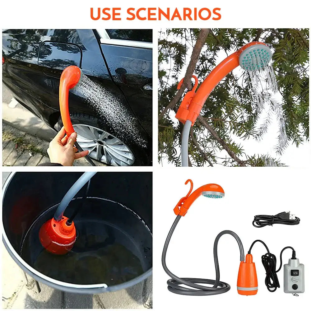 Portable, flexible orange shower head with multiple usage scenarios.