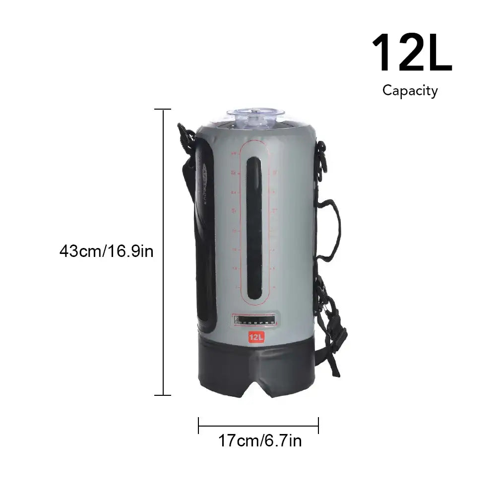 Cylindrical insulated container with a 12L capacity and carrying straps.