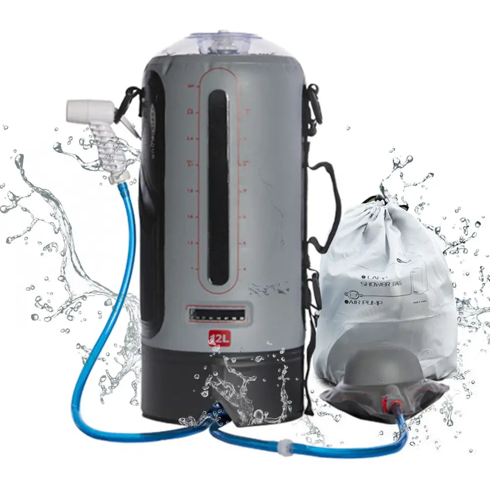 Portable water filtration system with a gray cylindrical container and attached components.