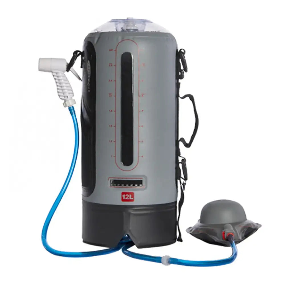 Portable pressurized shower or water dispenser with a spray nozzle and measurement markings.