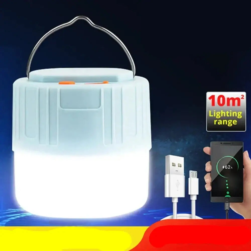 Portable LED lantern with a handle and USB charging capability.