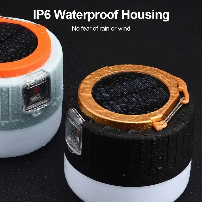 IP6 waterproof housing units for electronic devices, featuring orange and white circular casings with textured black tops.