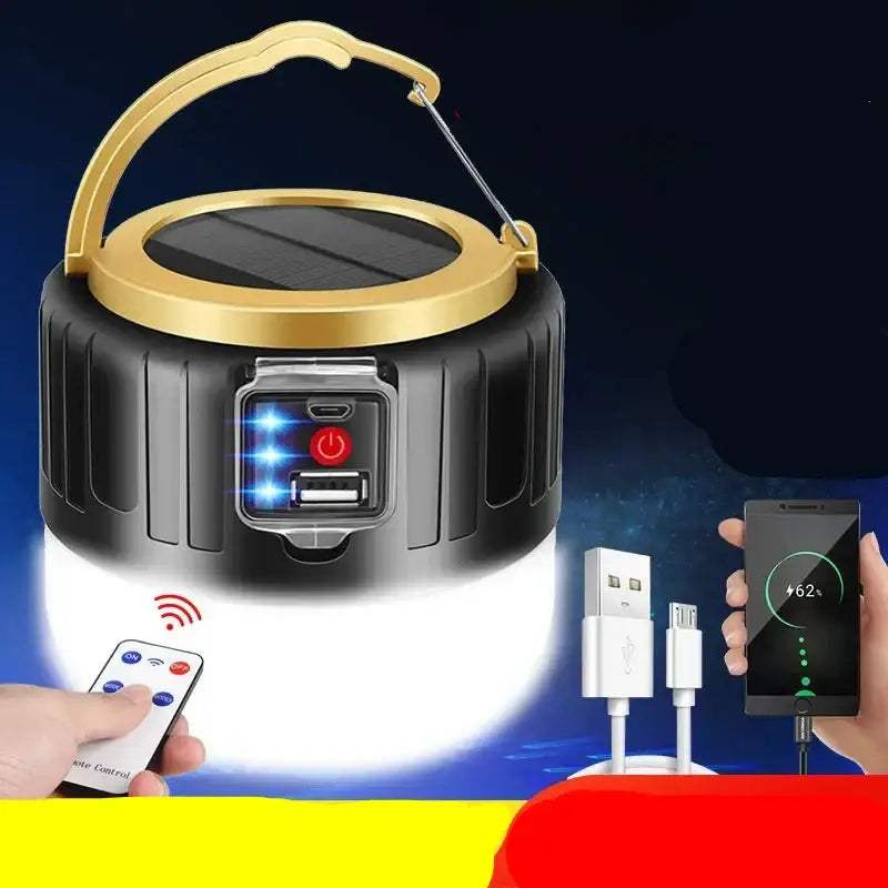 Portable solar-powered LED lantern with remote control and USB charging capabilities.