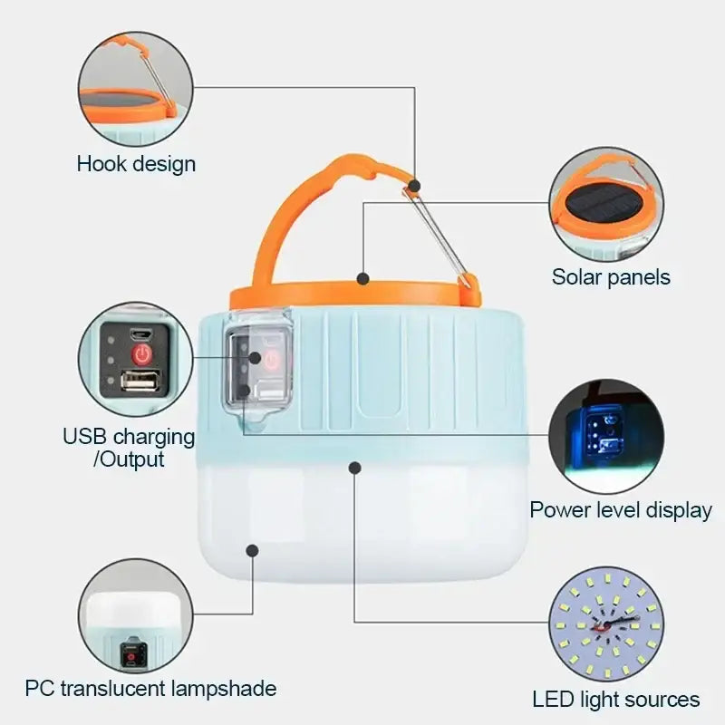 Portable solar-powered lantern with multiple features including USB charging, LED lights, and a power display.