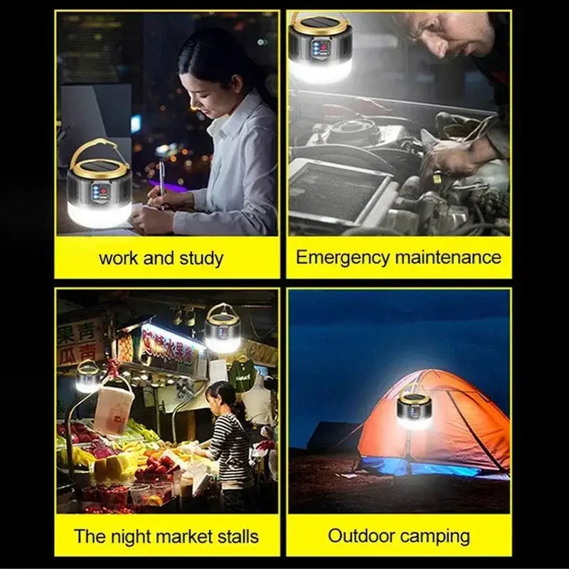 Portable LED lantern shown in various usage scenarios.