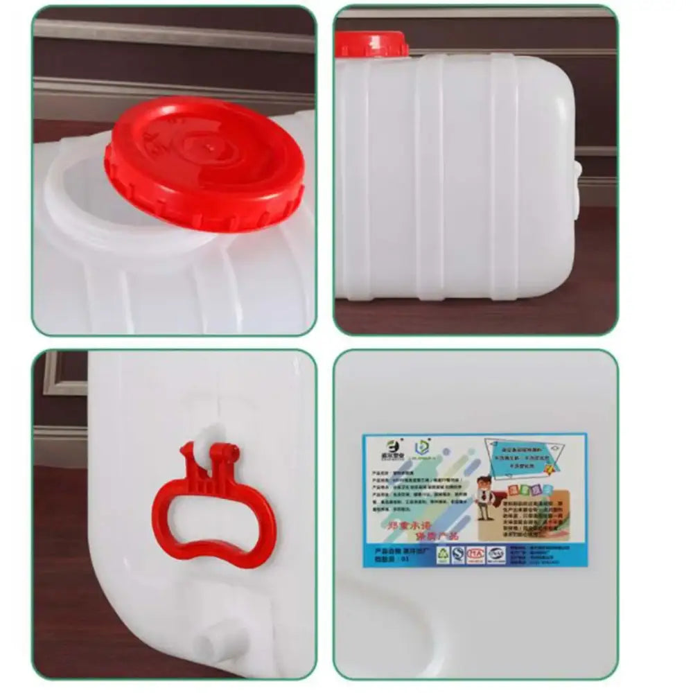 Plastic container with a red lid and handle, likely for storing or transporting liquids.