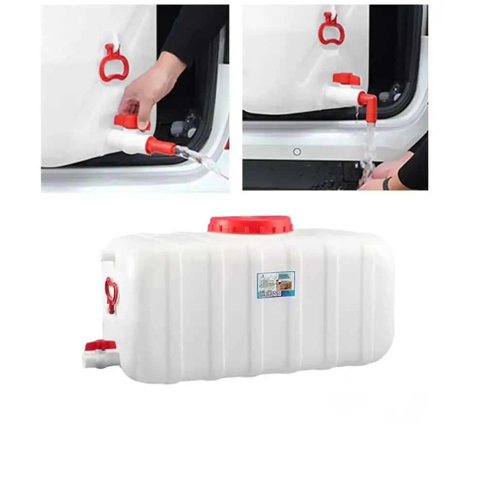 White plastic water storage container with red caps and handles.