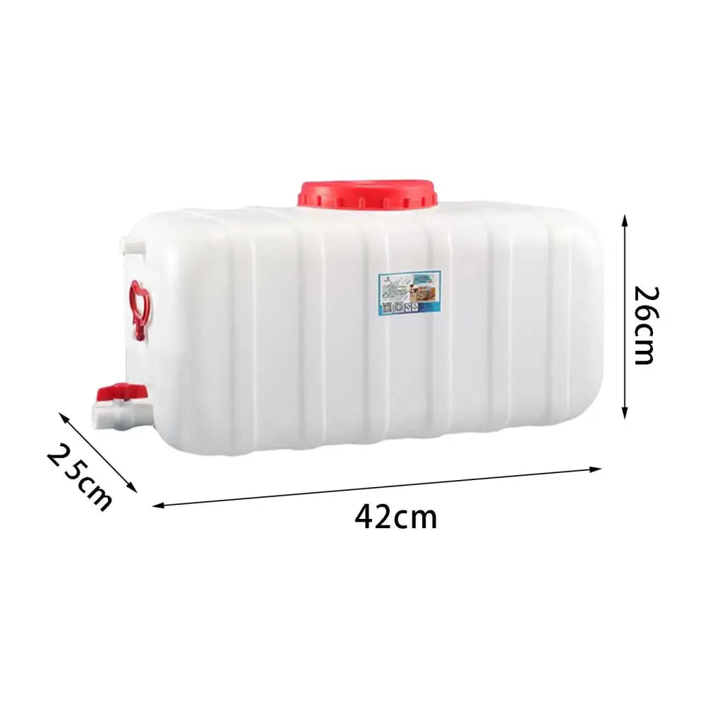 White plastic water storage container with a red cap and spigot.