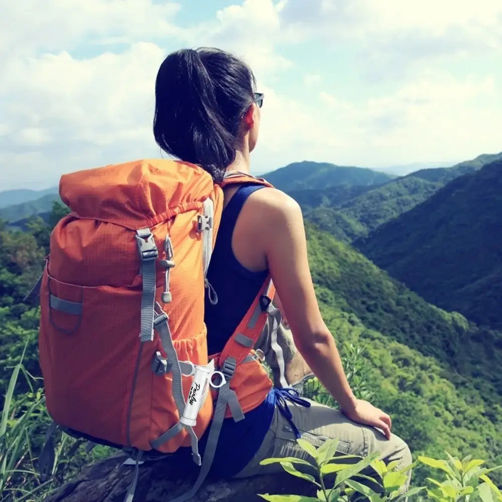 Hiker with an orange backpack overlooking a mountainous landscape.