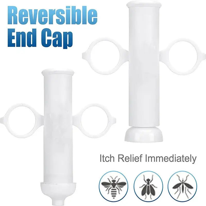 White cylindrical device with reversible end caps and insect relief icons.