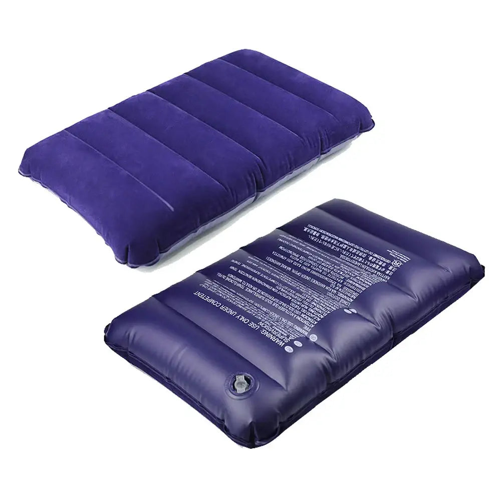 Inflatable purple travel pillow with ribbed sections.