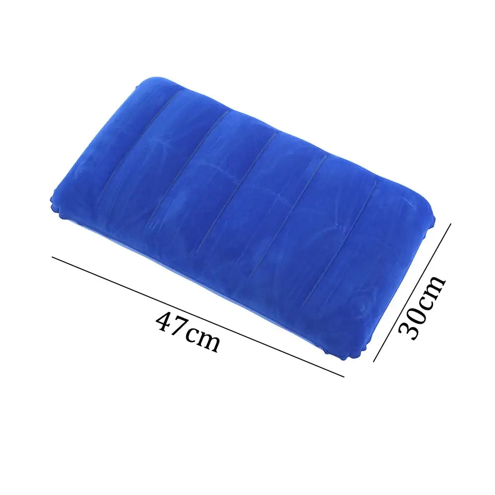 Bright blue inflatable pillow or cushion with dimensions shown.