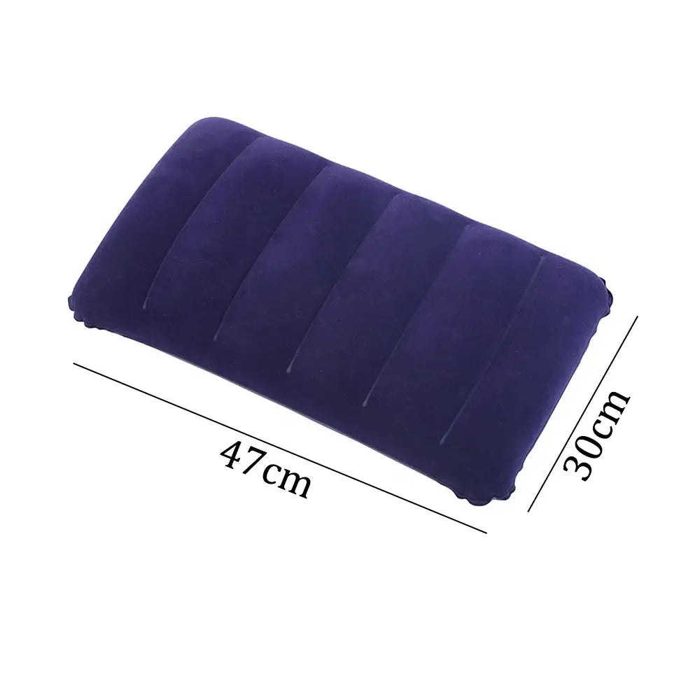 Inflatable navy blue travel pillow with dimensions shown.