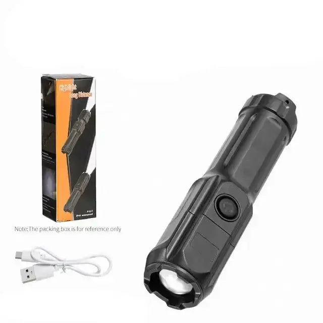 Rechargeable LED flashlight with USB charging cable and product packaging.