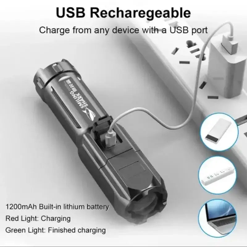 USB rechargeable flashlight with built-in lithium battery and charging indicator lights.