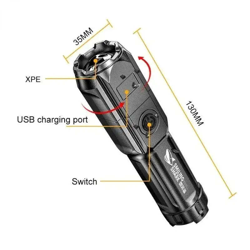 Rechargeable LED flashlight with labeled components and dimensions.