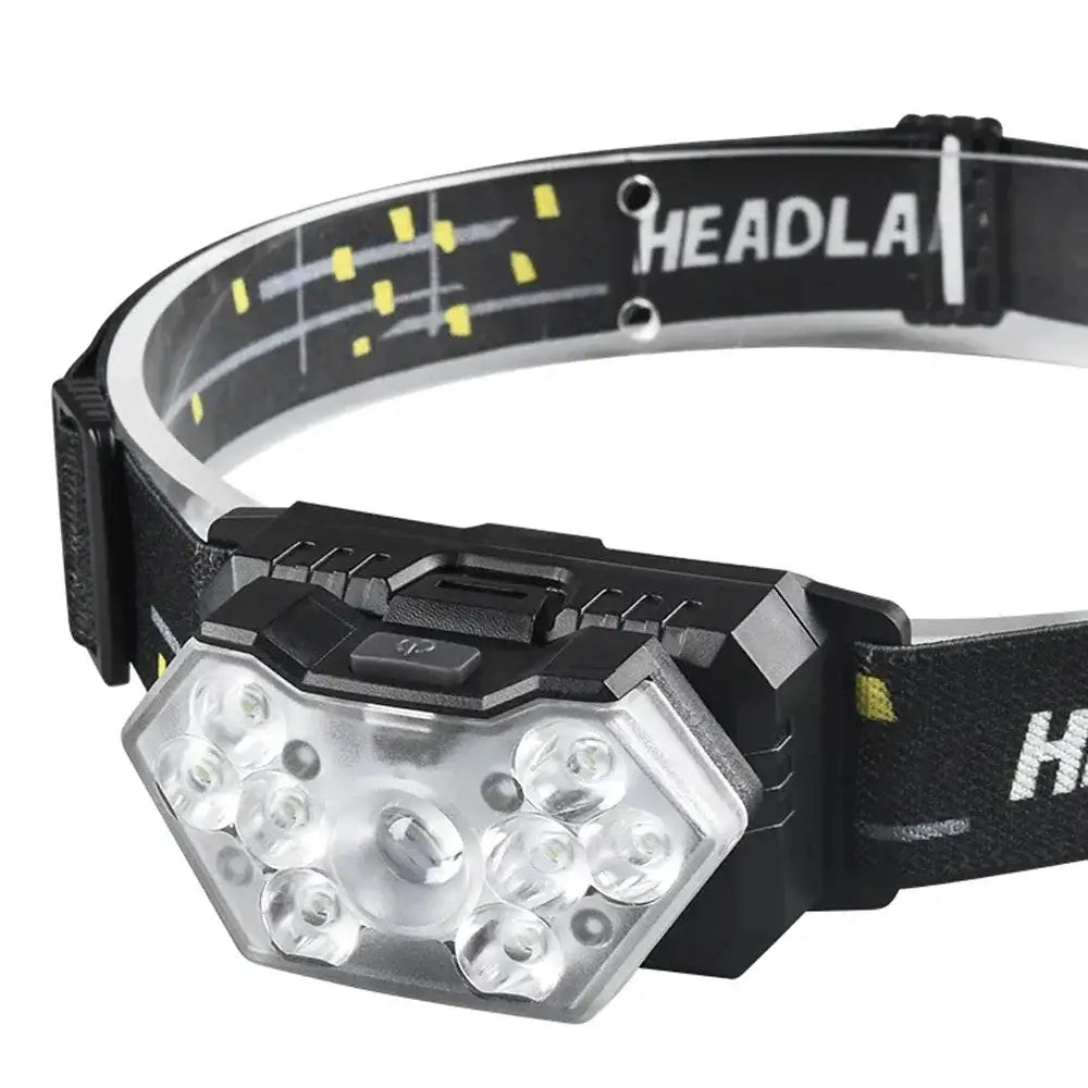 LED headlamp with adjustable strap and multiple light modes.